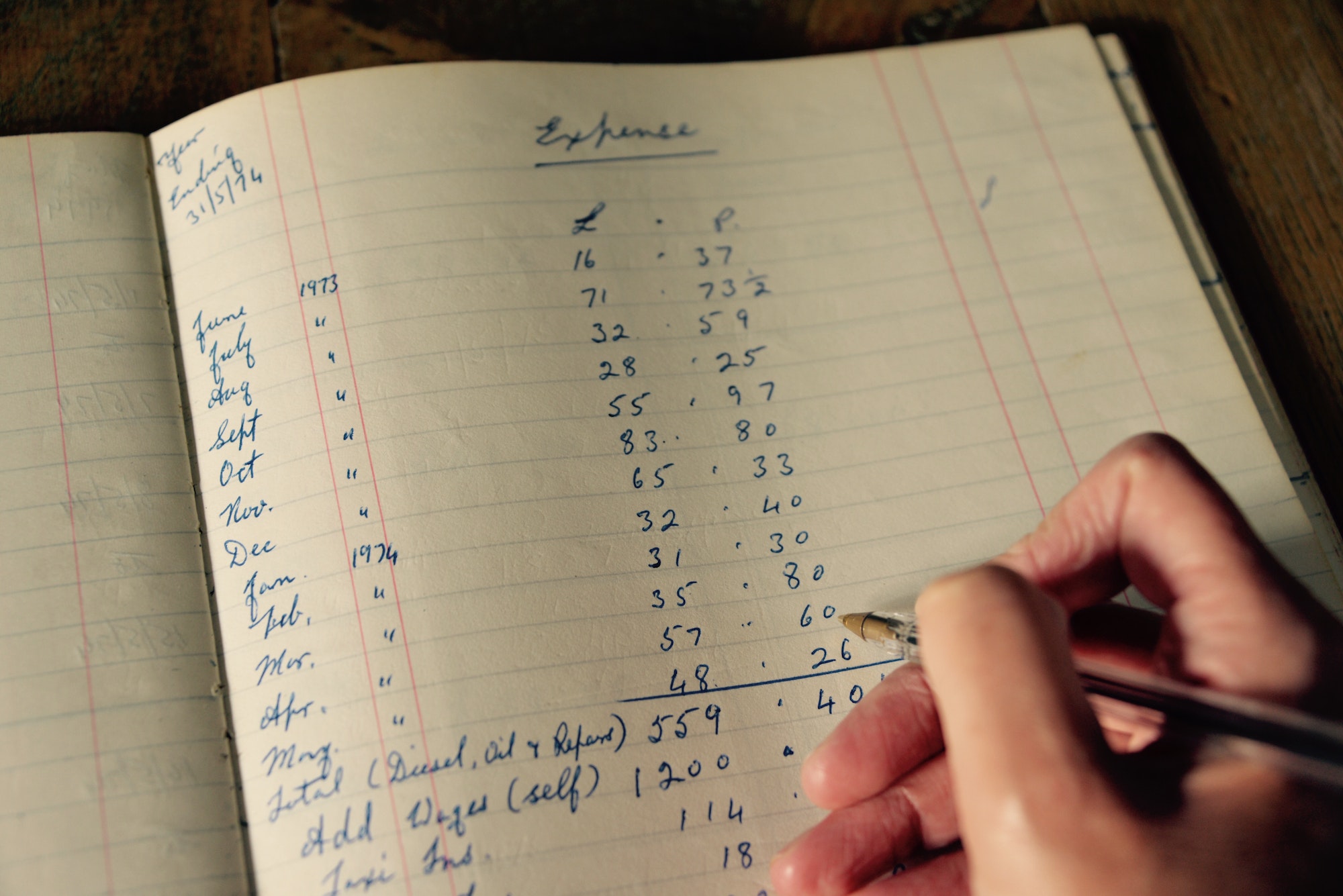 a hand holding a pen writing in an accounting book