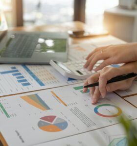 Business woman working in finance and accounting Analyze financial budget in the office.